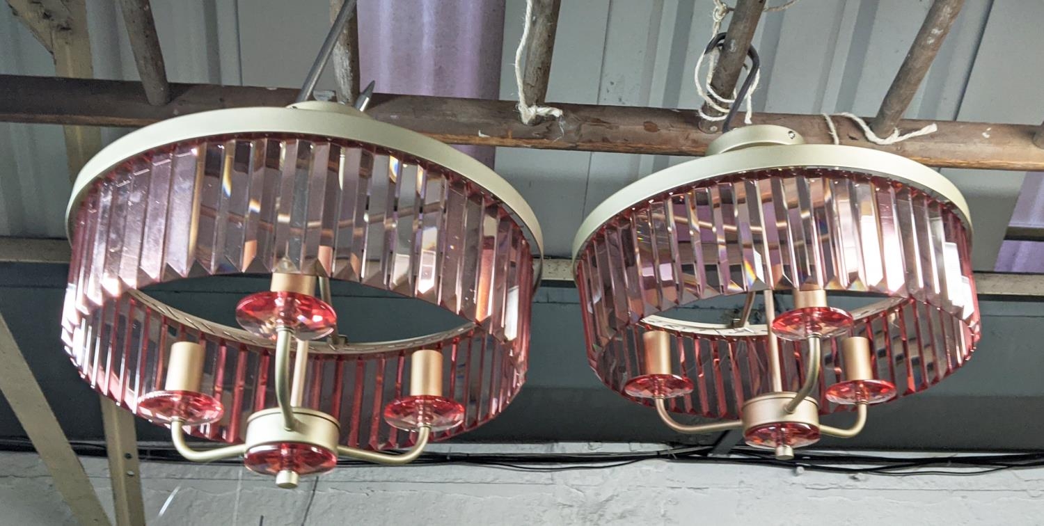 CEILING LIGHTS, a pair, each three branch, with rose tinted glass detailing, 39cm drop each approx.. - Image 2 of 5