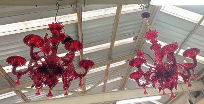 MURANO GLASS CHANDELIERS, a pair, each 6 branch 85cm drop approx each not including fittings. (2)