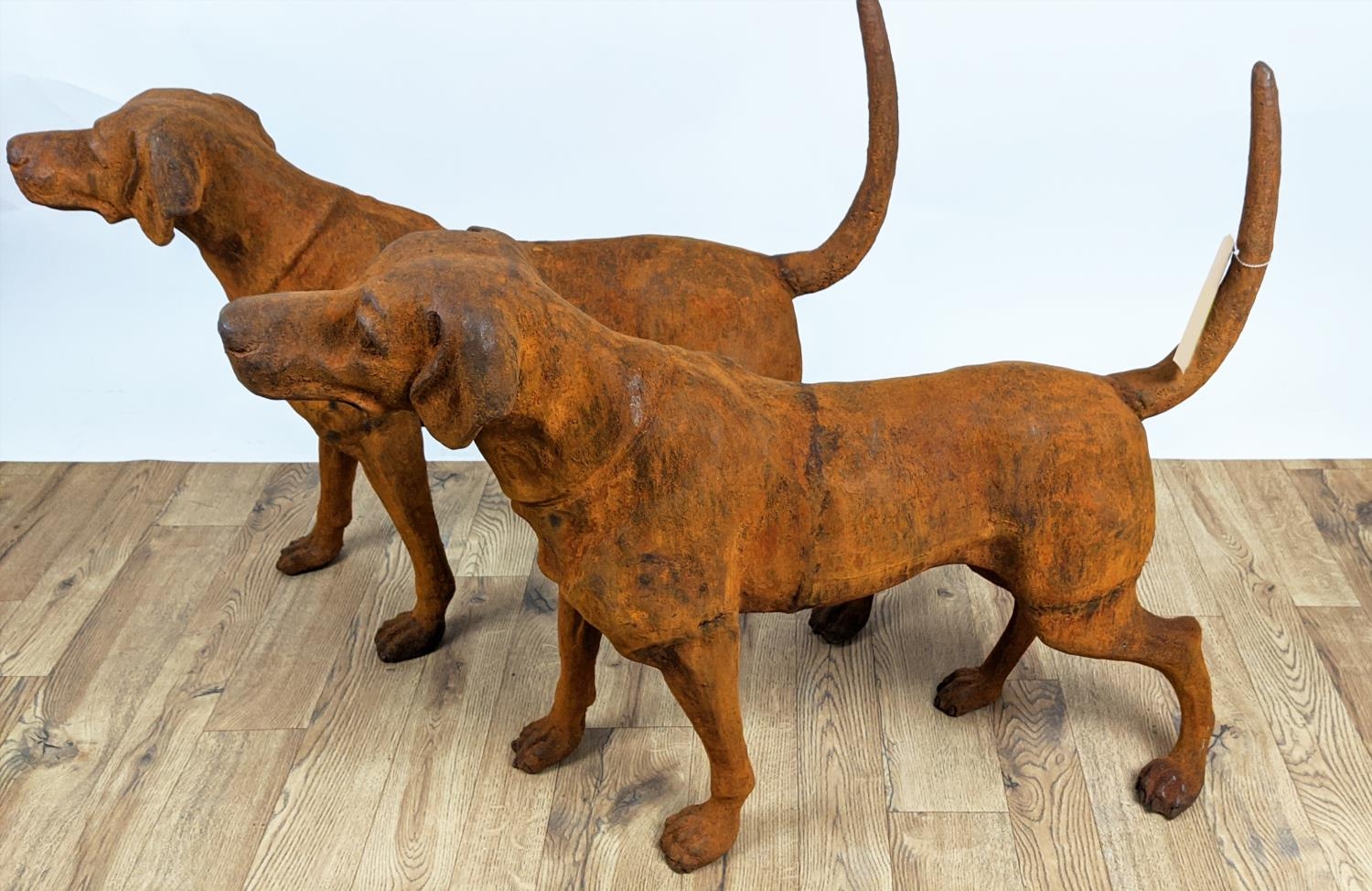 CONTEMPORARY SCHOOL SCULPTURAL DOGS, a pair, cast metal, oxidised finish, 91cm x 21cm x 75cm. (2) - Image 2 of 5