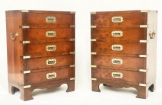 CAMPAIGN STYLE CHESTS, 66cm H x 46cm W x 29cm D, a pair, yewwood and brass bound each with five