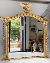OVERMANTEL MIRROR, 19th century English giltwood and gesso moulded with arched gilt ball crest and