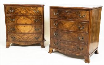SERPENTINE CHESTS, a pair, George III design figured walnut, each with four drawers and brass swan