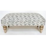 HEARTH STOOL, Country House style rectangular with eucalyptus printed linen upholstery and turned