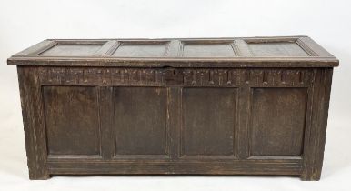 COFFER, 17th century framed and panelled oak with hinged top opening to an interior incorporating