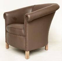 TUB ARMCHAIR, fine mid brown leather upholstered with rounded back and studded scroll arms, 76cm W.