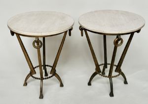 LAMP TABLES, a pair, Italian style circular travertine marble on bronzed metal bases, 55cm x 65cm H.