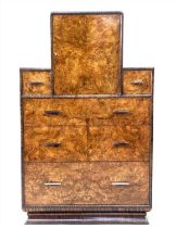 ART DECO CABINET, 122cm H x 76cm W x 51cm D, 1930's burr walnut with cupboard above five drawers.