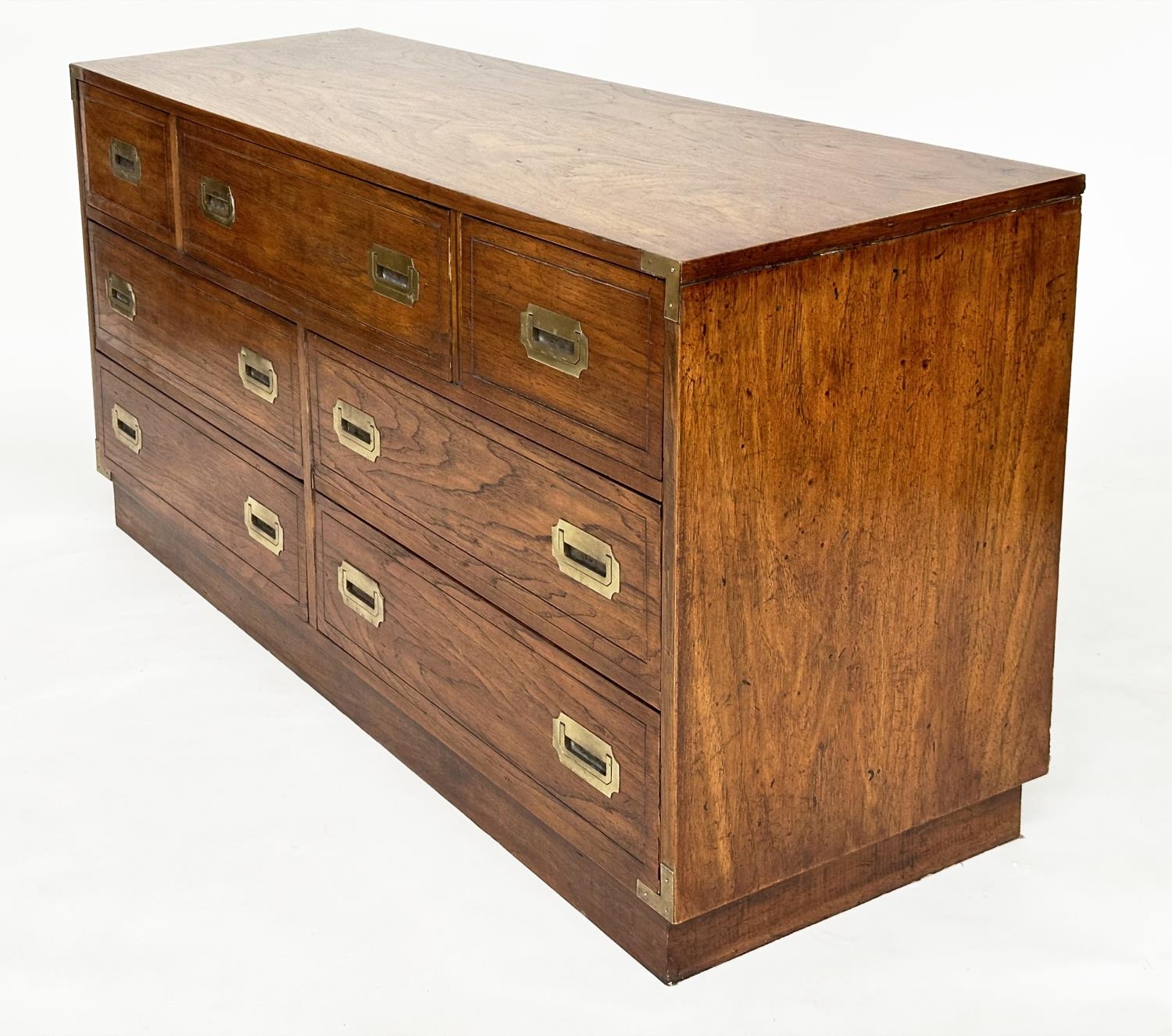 LOW CHEST, campaign style elm and brass bound with seven drawers, 143cm x 46cm x 73cm H. - Image 3 of 9