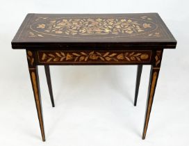 DUTCH CARD TABLE, 19th century mahogany and foliate satinwood inlay with foldover baize lined top
