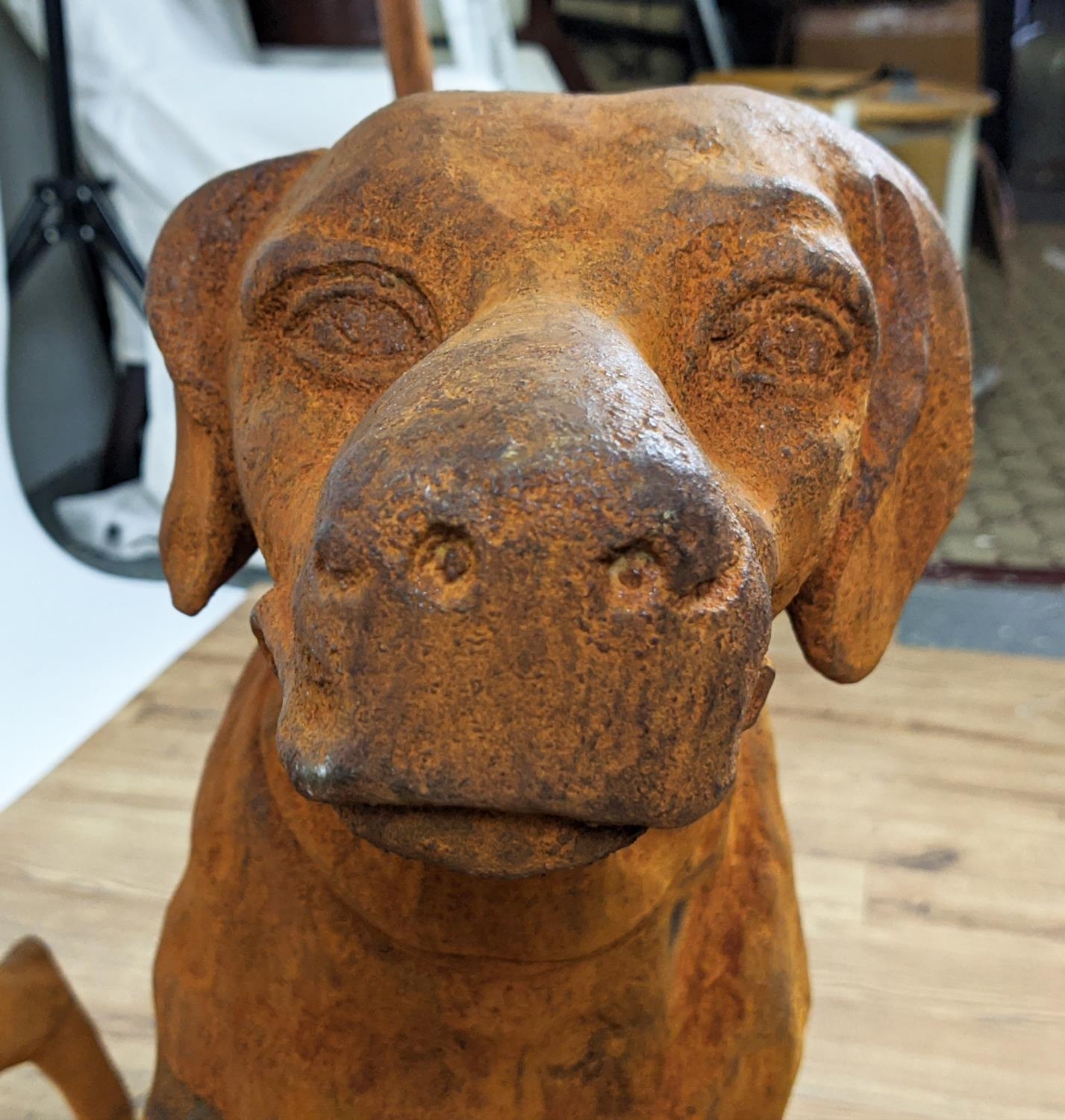 CONTEMPORARY SCHOOL SCULPTURAL DOGS, a pair, cast metal, oxidised finish, 91cm x 21cm x 75cm. (2) - Image 5 of 5