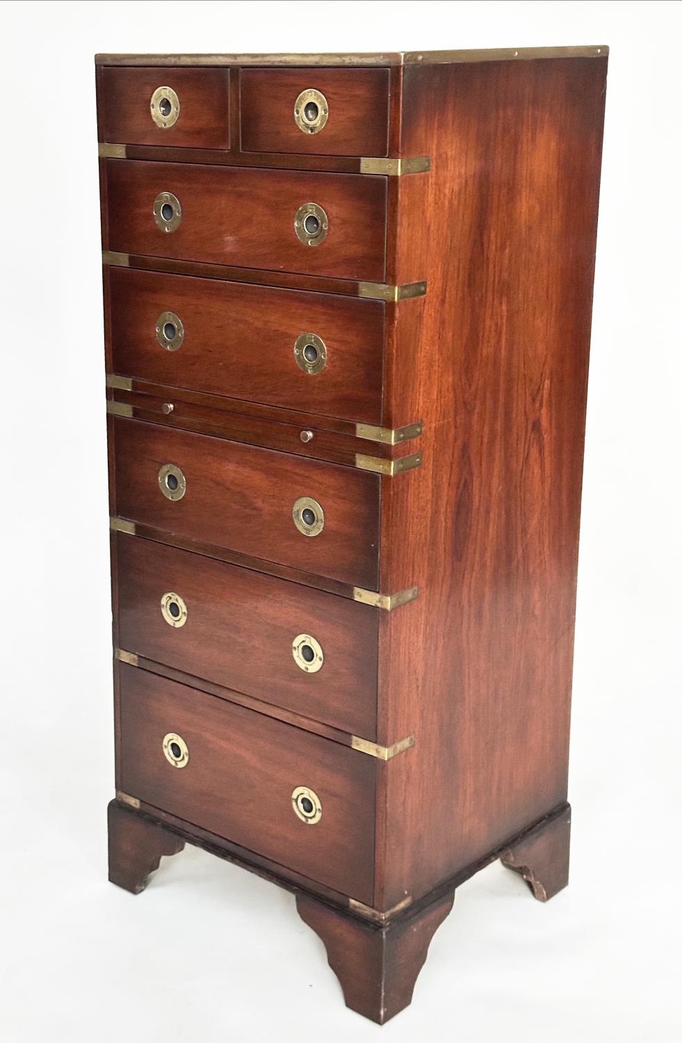 TALL CHEST, campaign style mahogany and brass bound with six drawers and slide, 111cm H x 46cm W x - Image 6 of 7