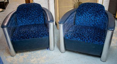 AVIATOR STYLE ARMCHAIRS, a pair, aluminium with blue and black chenille and blue leather upholstery.