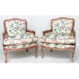 BEREGERES, a pair, French walnut Louis XV style with Colefax and Fowler upholstery and feather