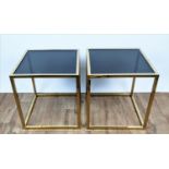 SIDE TABLES, a pair, 1970's Italian style, gilt metal, smoked glass, 47cm x 47cm x 50cm. (2)