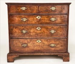 CHEST, early 18th century Queen Anne figured walnut and crossbanded with quarter veneered top