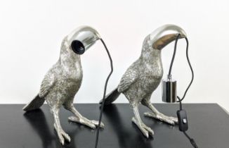 TABLE LAMPS, a pair, in the form of toucans, silvered finish, 35cm H approx. (2)