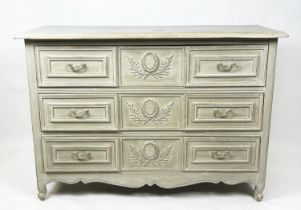 COMMODE, French provincial design, grey painted with three long drawers, 86cm H x 122cm x 48cm.