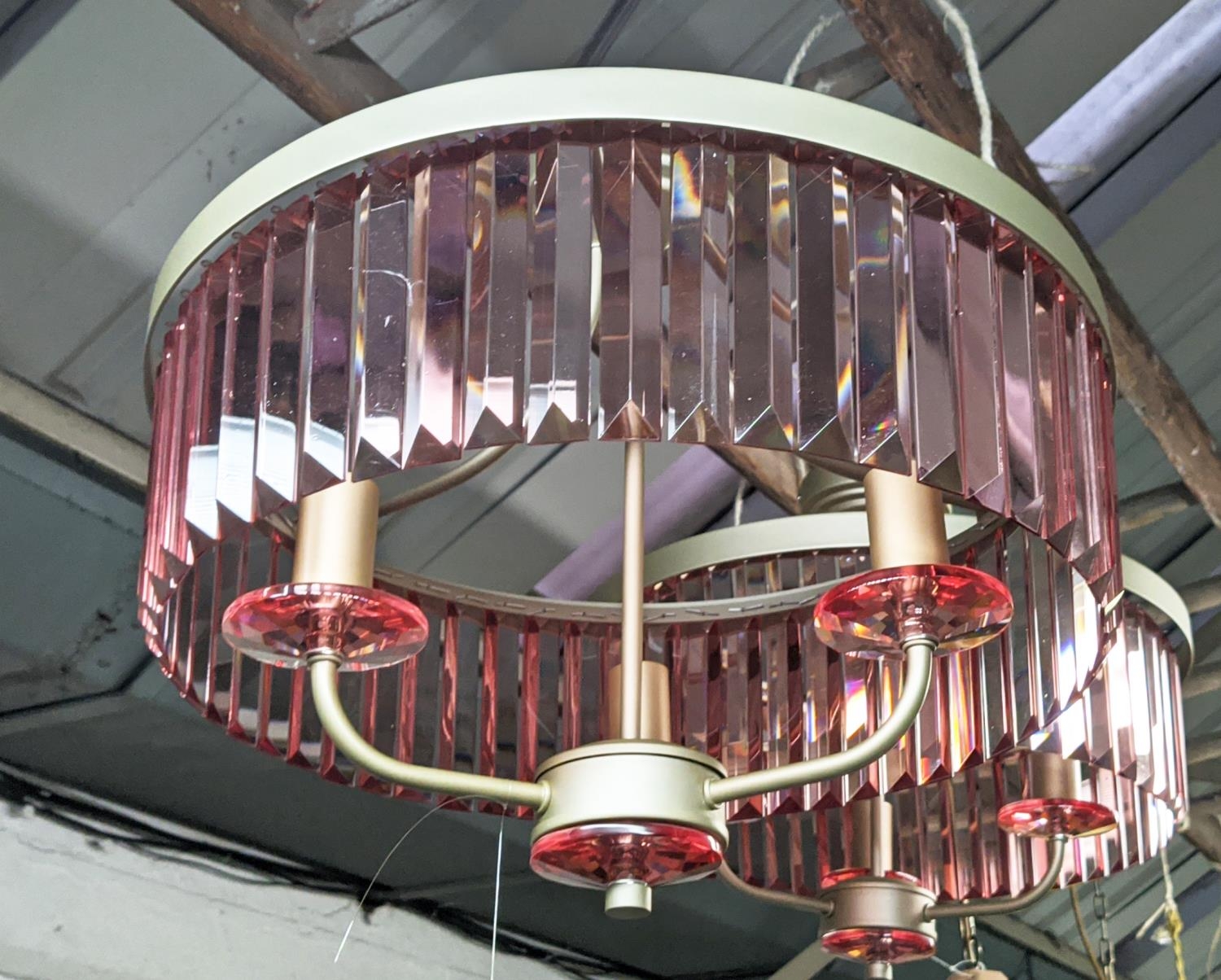 CEILING LIGHTS, a pair, each three branch, with rose tinted glass detailing, 39cm drop each approx.. - Image 5 of 5