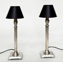 TABLE LAMPS, a pair, Georgian style silvered of column form with shades, 42cm H. (2)