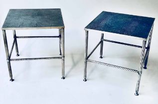 SIDE TABLES, a pair, silvered metal with faux crocodile real leather inset square tops and