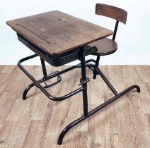 MID CENTURY SCHOOL DESK, steel and oak, dip to hold pencils and bag holder, 74cm H x 69cm W x 89cm
