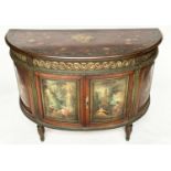 DEMILUNE COMMODE, French late 19th/early 20th century satinwood, green and polychrome with frieze