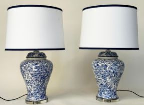 TABLE LAMPS, a pair, Chinese blue and white ceramic of lidded vase form with lucite plinth and