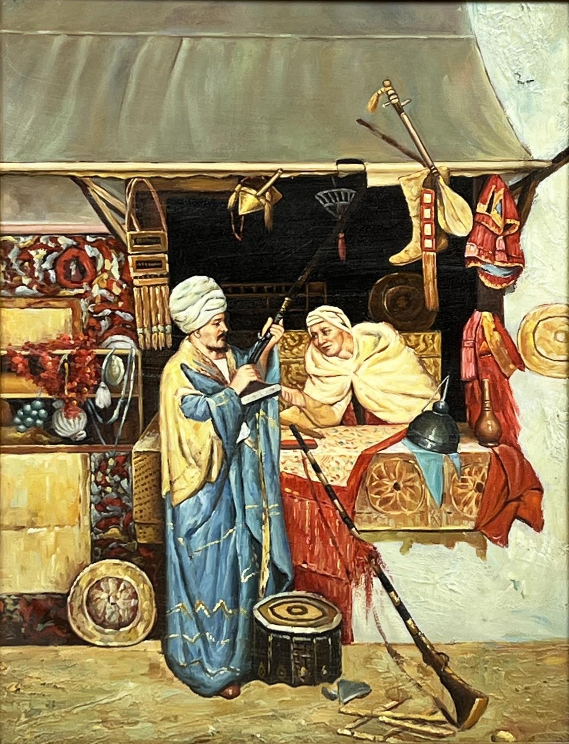 MANNER OF FILIPO BARATTI, 'Market Traders', oil on board, 39cm x 29cm, framed. - Image 2 of 2