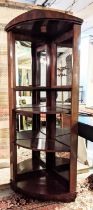 CORNER DISPLAY CABINET, 197cm H x 88cm, mahogany with mirrored back panels.