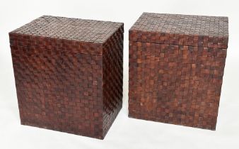 TRUNK/LAMP TABLES, a pair, woven leather each hinged, 57cm x 57cm x 62cm H. (2)