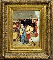 MANNER OF FILIPO BARATTI, 'Market Traders', oil on board, 39cm x 29cm, framed.
