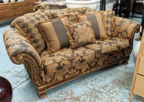 SOFA, 103cm x 91cm H x 210cm, in a Damask fabric with carved showframe and gilt detail.
