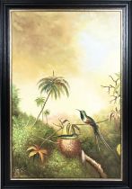 AFTER MARTIN HEADE JOHNSON (18-19-1904) 'Birds of the Tropics - Black Brelasters', oil on canvs,