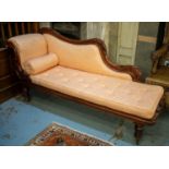 CHAISE LONGUE, 88cm H x 187cm L x 56cm D, Victorian mahogany in pink damask on ceramic castors.