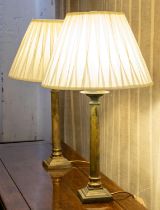 COLUMN LAMPS, a pair, brass, each 71cm H including shades. (2)
