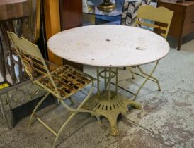GARDEN TABLE, 70cm H x 97cm D, early 20th century painted iron with circular top, and a pair of