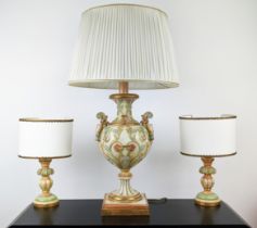 TABLE LAMP, 87cm tall overall, including shade on a Florentine polychrome base, along with a pair of