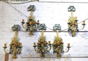 WALL LIGHTS, a set of five, each three branch, polychrome finish, 63cm H each. (5)