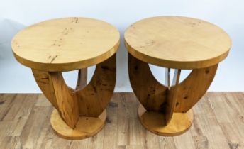 SIDE TABLES, a pair, French Art Deco style burr veneer finish, 64cm x 59cm diam. (2)