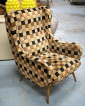 ARMCHAIR, mid 20th century, 66cm x 100cm H in original checked Moquette velvet fabric, covered