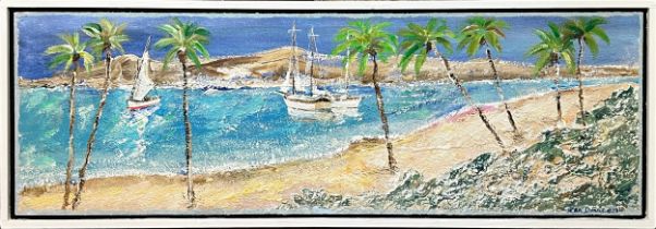 KEN DAVIS, 'Hammock Cove, Antigua', oil on board, 30cm x 92cm, framed.