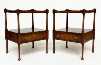 LAMP TABLES, a pair, George III style yewwood each with galleried top, undertier and drawer, 48cm
