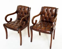 ARMCHAIRS, a pair, Regency style mahogany with buttoned mid brown leather upholstery and scroll