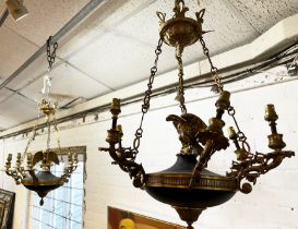 HANGING CHANDELIERS, a pair, Empire style, each six branch with central perched eagle, 40cm W. (2)