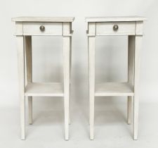 LAMP TABLES, a pair, grey painted each with one drawer and undertier, 35cm x 35cm x 73cm H. (2)