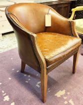 A BERGERE CHAIR, mid 20th century, brown leather upholstered mahogany arms and legs, 82cm H x 62cm "