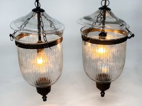 BELL JAR HALL LANTERNS, a pair, glass reeded tapering and bronze style mounted, 58cm H x 34cm. (2)