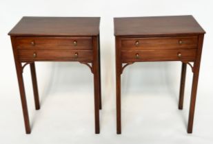 LAMP TABLES, a pair, George III figured mahogany and satinwood banded each with two drawers, 50cm