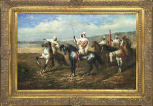 MANNER OF ADOLF SCHREYER, 'Arabian Horseman', oil on canvas, 60cm x 90cm.
