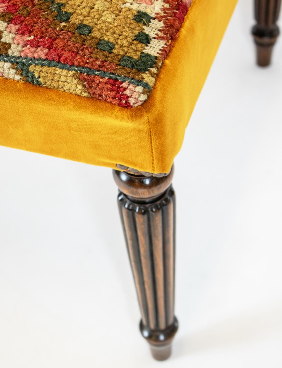 STOOL, 45cm H x 110cm W x 57cm D, part George IV beechwood with needlepoint and orange velvet - Image 3 of 4